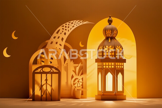 Islamic geometric drawings and shapes, Arab-Islamic style, Islamic designs in gold, decorations for holidays and religious occasions, decorations and illuminated lanterns in the blessed Ramadan, worship and getting closer to God.