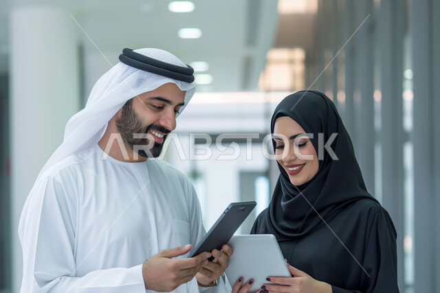 استخدام التقنيات والأجهزة الحديثة، صورة مقربة لرجل أعمال عربي خليجي سعودي مبتسم يرتدي الشماغ والثوب التقليدي مع سيدة محجبة يستخدمان الأجهزة اللوحية، إيماءات الفرح والسرور، مهن ووظائف في شركات المملكة العربية السعودية