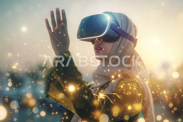 Interacting and merging with virtual reality, feeling fun and entertained by simulating the imaginary world, technological devices and modern techniques, a close-up image of a young Saudi Gulf Arab woman wearing 3D VR glasses, trying to touch holographic elements