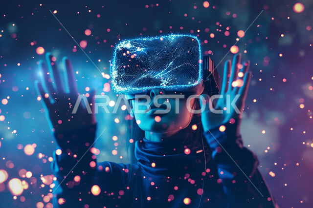 Interacting and merging with virtual reality, feeling fun and entertained by simulating the imaginary world, technological devices and modern techniques, a close-up image of a young Saudi Gulf Arab woman wearing 3D VR glasses, trying to touch holographic elements