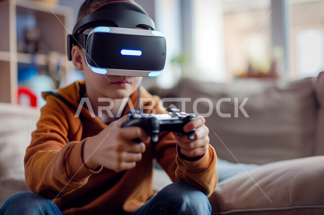 Feeling fun and entertained by simulating the imaginary world, technological devices and modern techniques, a close-up image of a Saudi Gulf Arab boy wearing 3D virtual reality (VR) glasses and holding a joystick in his hand playing entertainment video games
