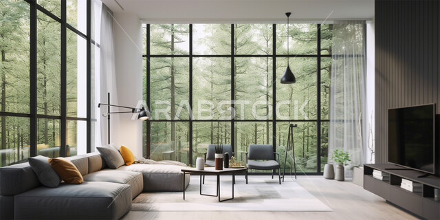 غرفة معيشة بتصاميم عصرية، شقق سكنية فاخرة، ديكور داخلي مع النوافذ الزجاجيه، غرفه جلوس وأثاث منزلي حديث، تحف و إكسسوارات ونباتات الزينه