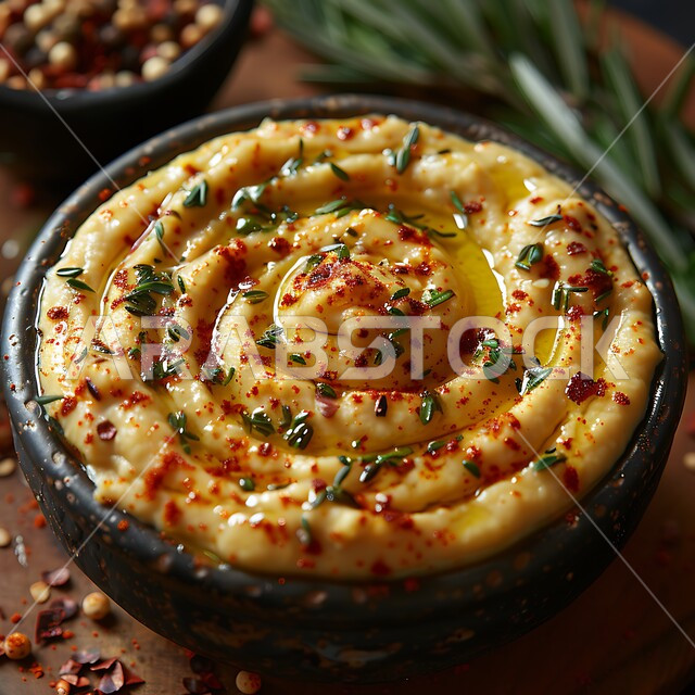 المقبلات النباتية الباردة اللذيذة، صورة مقربة لطبق من الحمص اللذيذ المزين بالتوابل والخضراوات، مأكولات وأطباق شعبية تقليدية، وصفات طعام شرقية عربية سعودية