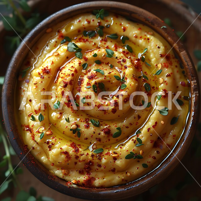  المقبلات النباتية الباردة اللذيذة، صورة مقربة لطبق من الحمص اللذيذ المزين بالتوابل والخضراوات، مأكولات وأطباق شعبية تقليدية، وصفات طعام شرقية عربية سعودية