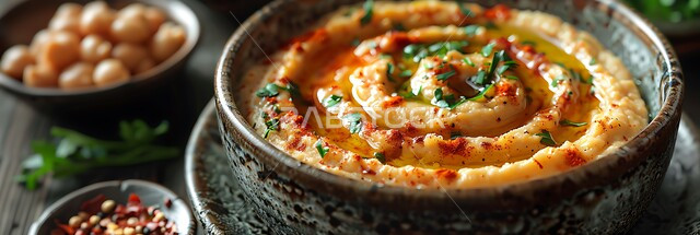 المقبلات النباتية الباردة اللذيذة، صورة مقربة لطبق من الحمص اللذيذ المزين بالتوابل والخضراوات، مأكولات وأطباق شعبية تقليدية، وصفات طعام شرقية عربية سعودية