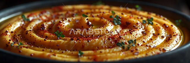  المقبلات النباتية الباردة اللذيذة، صورة مقربة لطبق من الحمص اللذيذ المزين بالتوابل والخضراوات، مأكولات وأطباق شعبية تقليدية، وصفات طعام شرقية عربية سعودية