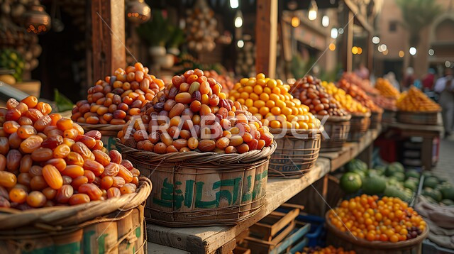  سلل القش المليئة بأنواع التمور الصحية الطازجة، وجبة ذات قيمة غذائية عالية، ضيافة رمضانية لذيذة، أسواق شعبية تقليدية لبيع الرطب من نخيل المملكة العربية السعودية، محاصيل ومنتجات زراعية محلية وطنية سعودية