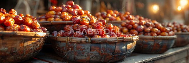 Traditional popular markets selling dates from the palm trees of the Kingdom of Saudi Arabia, local and national Saudi agricultural crops and products, types of fresh healthy dates, a meal with a high nutritional value, and delicious Ramadan hospitality.