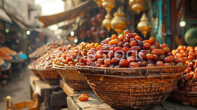  سلل القش المليئة بأنواع التمور الصحية الطازجة، وجبة ذات قيمة غذائية عالية، ضيافة رمضانية لذيذة، أسواق شعبية تقليدية لبيع الرطب من نخيل المملكة العربية السعودية، محاصيل ومنتجات زراعية محلية وطنية سعودية