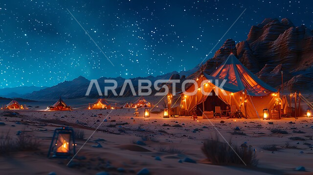 أماكن المغامرات والكشتات البرية، منظر السماء المليئة بالنجوم ليلا، الفوانيس المعدنية التقليدية المضيئة، أجواء تخييم شبابية ليلية هادئة، مخيمات سياحية في صحاري المملكة العربية السعودية، الطبيعة والرمال الذهبية الناعمة