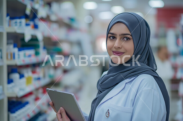 استقبال المرضى وتقديم العلاج اللازم، صيدلانية عربيه خليجيه سعودية محجبة ترتدي المعطف الطبي وتحمل بيدها ملف طبي، أداء الواجبات المهنية بجودة عالية، مفهوم الصيدلة والرعاية الصحية, ايماءات السعادة و السرور, الادوية والمستلزمات الطبية ،مهن ووظائف نسائية سعودية