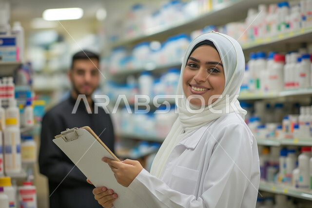 A view of the sunset on the soft golden sand and desert terrain, a picture from the back of an Arab Gulf Emirati man amid the hills and sand dunes in the desert of the Kingdom of Saudi Arabia, distinct natural landscapes  Receiving patients and providing the necessary treatment, a veiled Saudi Arab Gulf pharmacist wearing a medical coat and holding a medical file in her hand, performing professional duties with high quality, the concept of pharmacy and health care, gestures of happiness and plea
