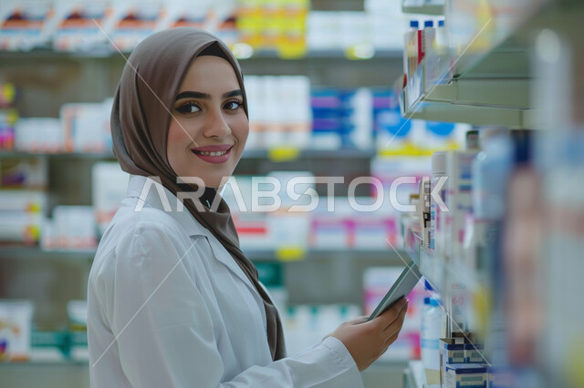 استقبال المرضى وتقديم العلاج اللازم، صيدلانية عربيه خليجيه سعودية محجبة ترتدي المعطف الطبي وتحمل بيدها ملف طبي، أداء الواجبات المهنية بجودة عالية، مفهوم الصيدلة والرعاية الصحية, ايماءات السعادة و السرور, الادوية والمستلزمات الطبية ،مهن ووظائف نسائية سعودية