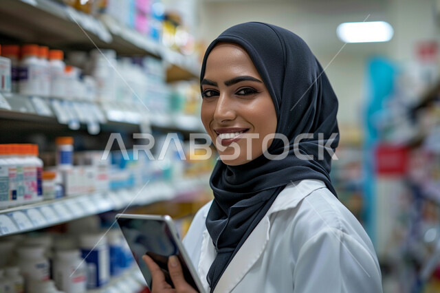 Looking at the camera with pleased gestures, a Saudi Arabian Gulf pharmacist holding a tablet in her hand, checking drug stock, displaying medical devices and products, selling to customers online, advertising and marketing medical supplies, pharmacy professions and jobs