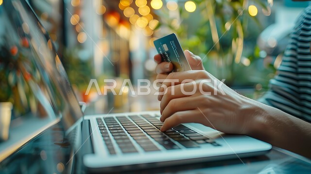 متابعة الخدمات البنكية من خلال الحاسب المحمول، الدفع من خلال البطاقة الائتمانية، الشراء من خلال التطبيقات الالكترونية، صورة مقربة لشاب خليجي عربي سعودي يمسك بيده البطاقة البنكية يستخدم اللابتوب