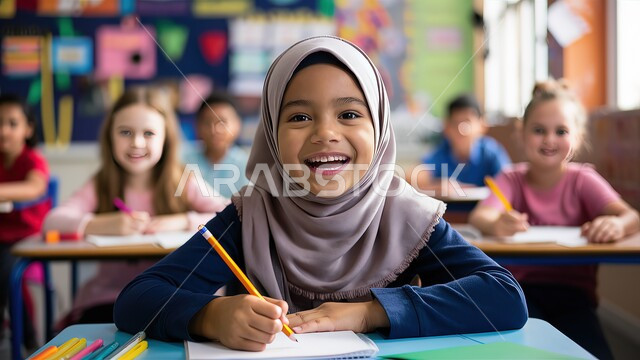 Interaction and participation inside the classroom, looking at the camera with gestures of joy and happiness for the return of schools, education according to the curricula prescribed for students in the Kingdom of Saudi Arabia, a veiled Saudi Gulf Arab student sitting in the classroom