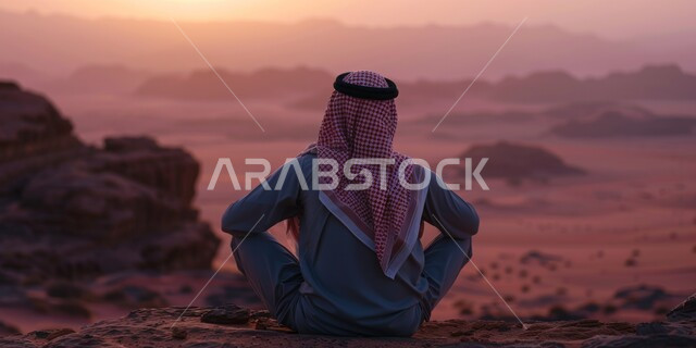 The need to meditate and relax in front of the desert at sunset, sitting at leisure in desert areas, feeling lonely and depressed, a picture of a Saudi Gulf Arab man wearing traditional clothing sitting on a sand hill