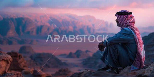 الحاجة إلى التأمل والاسترخاء أمام الصحراء وقت غروب الشمس، الجلوس بأوقات الفراغ في المناطق الصحراوية, الشعور بالوحدة والاكتئاب، صورة لرجل عربي خليجي سعودي يرتدي اللباس التقليدي يجلس على تلة رملية 