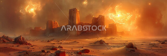 منظر السماء المليئة بالغيوم، مدن ومعالم سياحية، حصن دفاعي تاريخي اثري، قلعة قديمة في وسط الرمال في المملكة العربية السعودية، الأبنية الحجرية التراثية، أماكن جذب واستقطاب السائحين، الفن الهندسي المعماري لبناء الحصون والقلاع على الطراز القديم