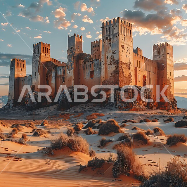 Cities and tourist attractions, an ancient defensive fort, an old castle in the middle of the sand in the Kingdom of Saudi Arabia, heritage stone buildings, tourist attractions, the architectural art of building forts and castles in the old style, a view of the sky full of clouds.
