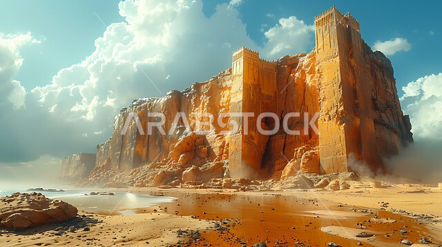 An ancient historical defensive fort, an old castle in the middle of the sand in the Kingdom of Saudi Arabia, heritage stone buildings, tourist attractions, architectural engineering art of building old-style forts and castles, cities and tourist attractions, a view of the sky full of clouds.