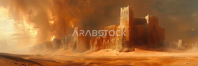 الفن الهندسي المعماري لبناء الحصون والقلاع على الطراز القديم، أماكن جذب واستقطاب السائحين، الأبنية الحجرية التراثية، قلعة قديمة في وسط الرمال في المملكة العربية السعودية، حصن دفاعي تاريخي اثري، مدن ومعالم سياحية، منظر السماء المليئة بالغيوم