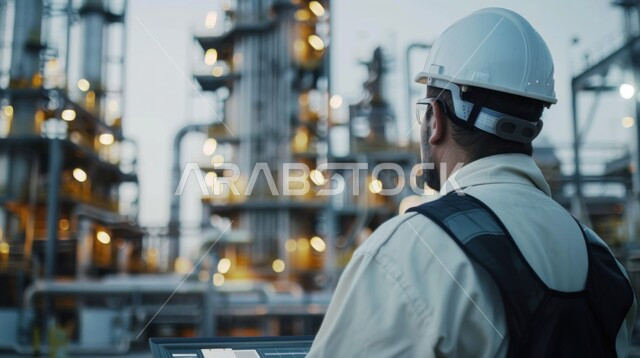 The use of modern techniques and technology in oil and gas production in the Kingdom of Saudi Arabia, the quality of oil production laboratories and equipment, a picture from the back of a Saudi-Gulf Arab man wearing a helmet and a protective vest following the progress of the factory’s work, Saudi professions and jobs, oil refinery background