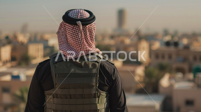 الوقوف باستعداد وانضباط، بورتريه من الخلف لعسكري عربي خليجي سعودي يرتدي لباس الحماية، القوات المسلحة السعودية، الدفاع عن الوطن، الجيش العربي السعودي