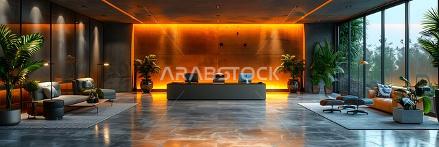 غرف مكتبية بتصاميم داخلية وديكورات راقية، غرفة أعمال مجهزة باثاث فاخر، تصميم عصري حديث لمكتب في المملكة العربية السعودية، النوافذ والواجهات الزجاجية، الاهتمام بنبات الزينة الداخلي