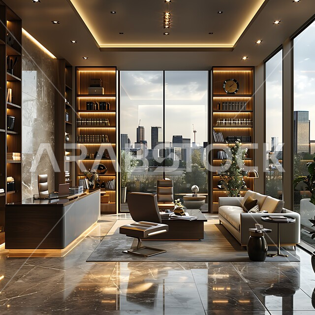 النوافذ والواجهات الزجاجية، غرف مكتبية بتصاميم داخلية وديكورات راقية، غرفة أعمال مجهزة باثاث فاخر، تصميم عصري حديث لمكتب في المملكة العربية السعودية، الاهتمام بنبات الزينة الداخلي