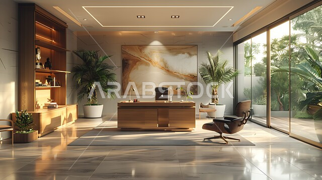 تصميم عصري حديث لمكتب في المملكة العربية السعودية، غرفة أعمال مجهزة باثاث فاخر، غرف مكتبية بتصاميم داخلية وديكورات راقية، النوافذ والواجهات الزجاجية، الاهتمام بنبات الزينة الداخلي