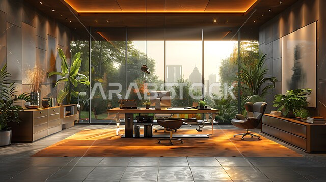 غرف مكتبية بتصاميم داخلية وديكورات راقية، غرفة أعمال مجهزة باثاث فاخر، تصميم عصري حديث لمكتب في المملكة العربية السعودية، النوافذ والواجهات الزجاجية، الاهتمام بنبات الزينة الداخلي