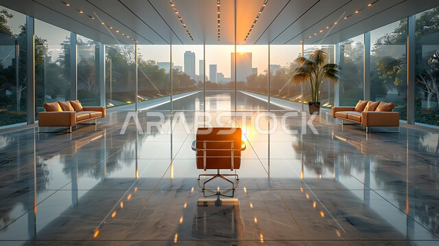 النوافذ والواجهات الزجاجية، غرف مكتبية بتصاميم داخلية وديكورات راقية، غرفة أعمال مجهزة باثاث فاخر، تصميم عصري حديث لمكتب في المملكة العربية السعودية، الاهتمام بنبات الزينة الداخلي