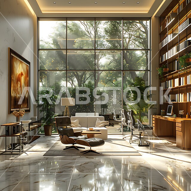 تصميم عصري حديث لمكتب في المملكة العربية السعودية، غرفة أعمال مجهزة باثاث فاخر، غرف مكتبية بتصاميم داخلية وديكورات راقية، النوافذ والواجهات الزجاجية، الاهتمام بنبات الزينة الداخلي