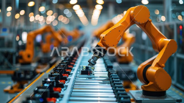 الكفاءة في التصنيع والإنتاج وتحقيق الثورة الصناعية، تحسين الانتاج باستخدام الالات والمعدات الذكيه في الصناعات الالكترونيه، صورة مقربة لذراع الرجل الآلي في معمل التصنيع، برمجة الروبوتات الذكية و تقنيات الذكاء الاصطناعي، التحول الرقمي والتقدم التقني، 