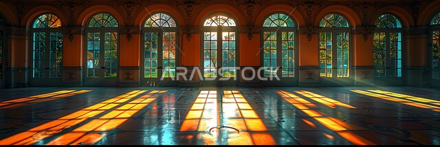 التصاميم الهندسية المعمارية على الطراز الاسلامي للمساجد الإسلامية، نوافذ خشبية مزخرفة بنقوش مميزة في وقت النهار، انعكاس اشعة الشمس عبر النافذة، ديكورات داخلية فخمة