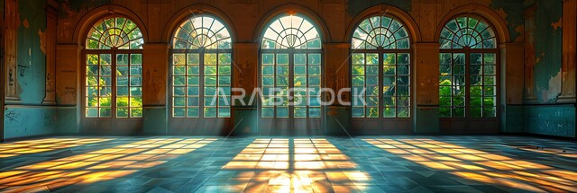 ديكورات داخلية فخمة، التصاميم الهندسية المعمارية على الطراز الاسلامي للمساجد الإسلامية، نوافذ خشبية مزخرفة بنقوش مميزة في وقت النهار، انعكاس اشعة الشمس عبر النافذة