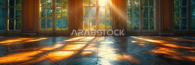 نوافذ خشبية مزخرفة بنقوش مميزة في وقت النهار، انعكاس اشعة الشمس عبر النافذة، التصاميم الهندسية المعمارية على الطراز الاسلامي للمساجد الإسلامية، ديكورات داخلية فخمة