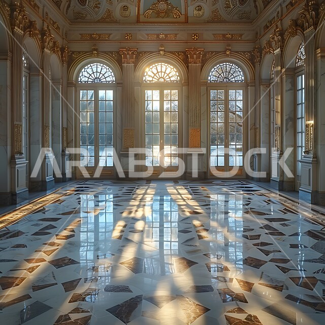 انعكاس اشعة الشمس عبر النافذة، نوافذ خشبية مزخرفة بنقوش مميزة في وقت النهار، التصاميم الهندسية المعمارية على الطراز الاسلامي للمساجد الإسلامية، ديكورات داخلية فخمة