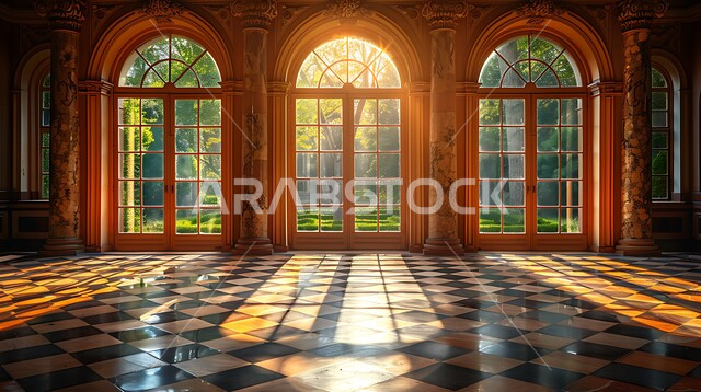 نوافذ خشبية مزخرفة بنقوش مميزة في وقت النهار، انعكاس اشعة الشمس عبر النافذة، التصاميم الهندسية المعمارية على الطراز الاسلامي للمساجد الإسلامية، ديكورات داخلية فخمة