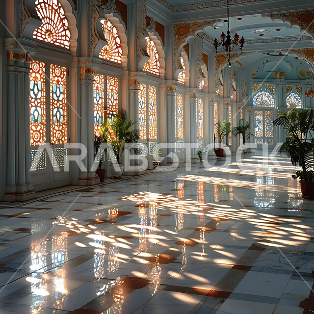Islamic-style architectural designs for Islamic mosques, wooden windows decorated with distinctive carvings during the day, reflection of sunlight through the window, luxurious interior decorations