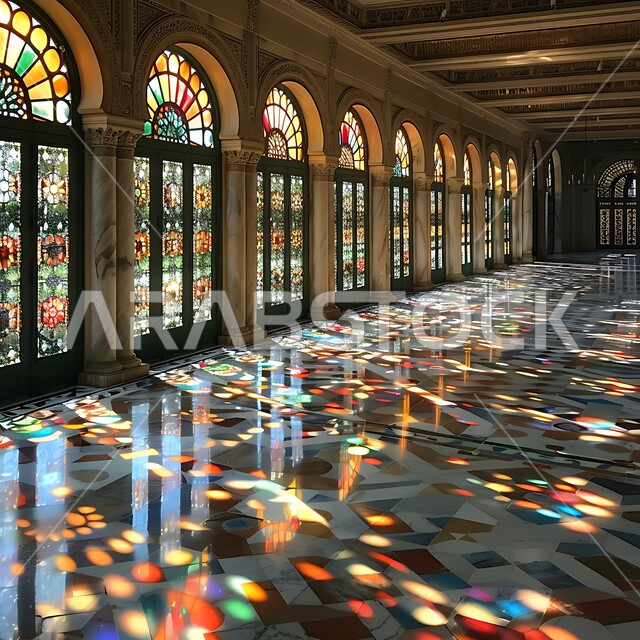 ديكورات داخلية فخمة، التصاميم الهندسية المعمارية على الطراز الاسلامي للمساجد الإسلامية، نوافذ خشبية مزخرفة بنقوش مميزة في وقت النهار، انعكاس اشعة الشمس عبر النافذة