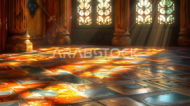 نوافذ خشبية مزخرفة بنقوش مميزة في وقت النهار، انعكاس اشعة الشمس عبر النافذة، التصاميم الهندسية المعمارية على الطراز الاسلامي للمساجد الإسلامية، ديكورات داخلية فخمة