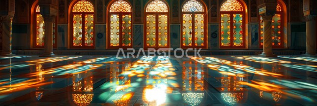 انعكاس اشعة الشمس عبر النافذة، نوافذ خشبية مزخرفة بنقوش مميزة في وقت النهار، التصاميم الهندسية المعمارية على الطراز الاسلامي للمساجد الإسلامية، ديكورات داخلية فخمة