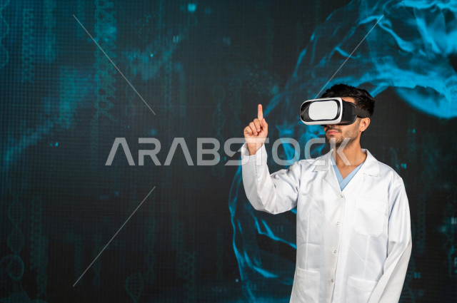 خاصية الهولوجرام ، طبيبب سعودي خليجي ذو خبرة عالية في مجال الطب البشري  ،يضع جهازVR Box،  استخدام تقنية الهولوجرام ثلاثية الابعاد ، صور تجسيمية خاصة بمجسمات الهياكل البشرية  و الاعضاء ، صور متحركة بأبعاد مختلفة ، تصوير ثلاثي الابعاد للأجسام