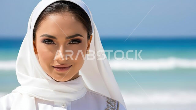 الأناقة والاهتمام بالمظهر الخارجي، حجابات نسائية عصريه حديثه, مفهوم الأنوثة والنعومة، صورة مقربة لإمرأة عربية خليجية سعودية محجبة مبتسمة تنظر إلى الكاميرا بإيماءات الثقة بالنفس والسرور، خلفية شاطئ البحر