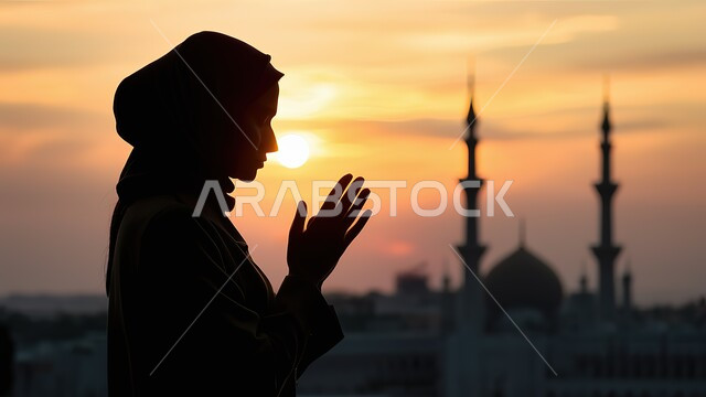 التضرع و الخشوع في الطلب، العبادة والتقرب إلى الله، صورة ظليلية لشابة عربية خليجية سعودية محجبة ترفع يدها بالدعاء، خلفيات اسلامية دينية، منظرغروب الشمس في السماء، خلفية المسجد