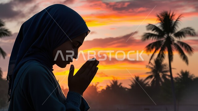 خلفيات اسلامية دينية، التضرع و الخشوع في الطلب، العبادة والتقرب إلى الله، صورة ظليلية لشابة عربية خليجية سعودية محجبة ترفع يدها بالدعاء، منظرغروب الشمس في السماء، خلفية أشجار النخيل