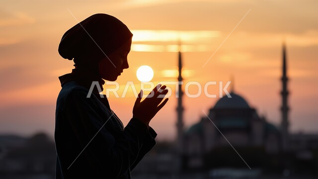 العبادة والتقرب إلى الله، صورة ظليلية لشابة عربية خليجية سعودية محجبة ترفع يدها بالدعاء، التضرع و الخشوع في الطلب، خلفيات اسلامية دينية، منظرغروب الشمس في السماء، خلفية المسجد