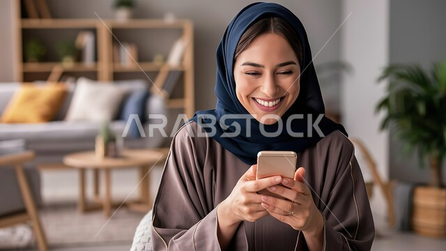 Expressions of pleasure in communicating with friends, using modern technical devices, a close-up photo of a veiled Saudi Gulf Arab young woman, smiling, wearing an abaya, using a mobile phone with happy gestures, spending a pleasant time chatting with her family.